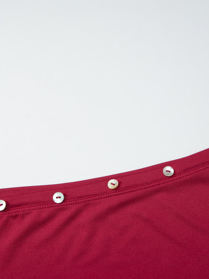 One-shoulder button-trim fitted crop top