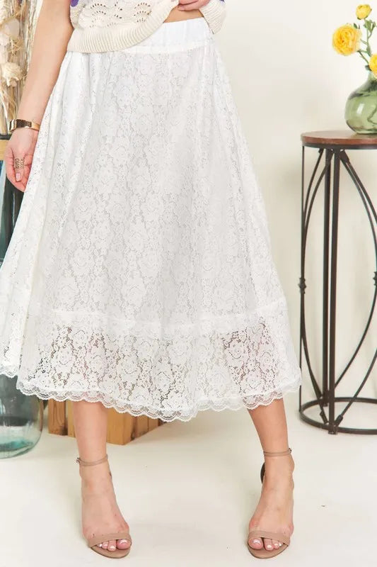 White Floral lace A-line midi skirt with scalloped hem