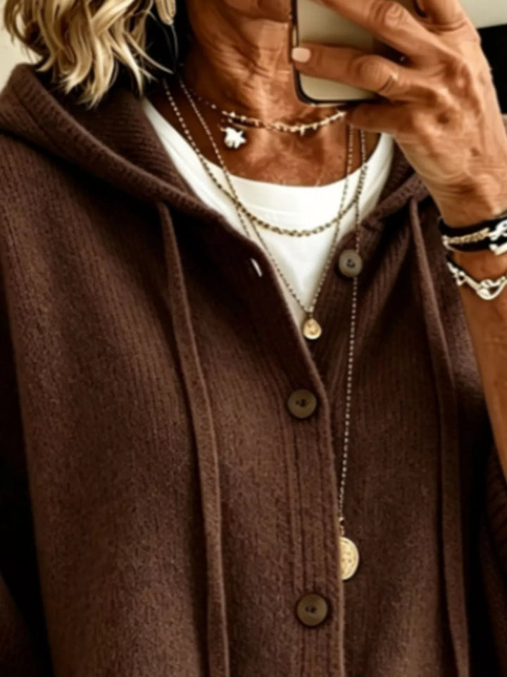Hooded button-down knit cardigan with patch pockets