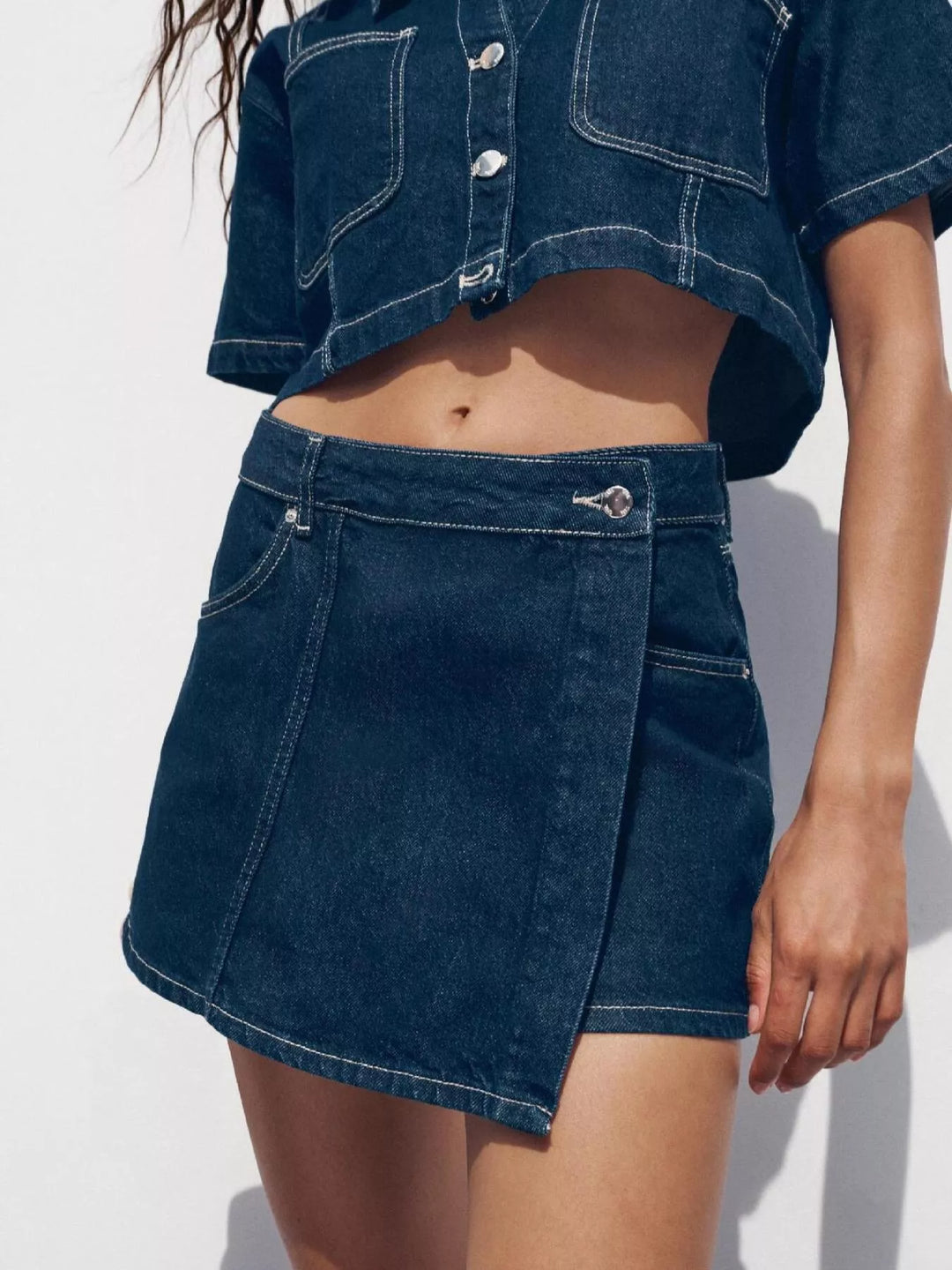 Contrast-stitch denim button-up crop shirt and skort set