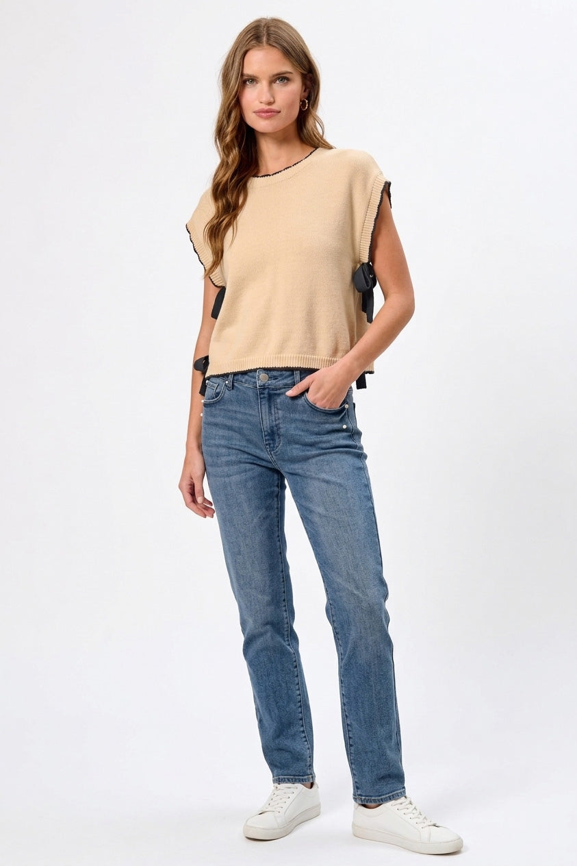 OATMEAL/BLACK Dolman knit sweater top with contrast trim and side ribbon ties