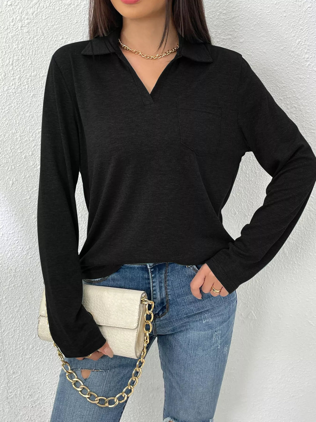 Black Collared long sleeve polo top with chest pocket
