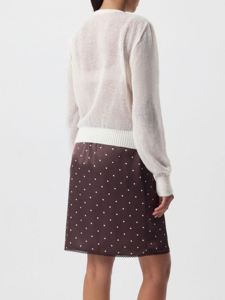 Sheer open-knit button-front cardigan with long sleeves