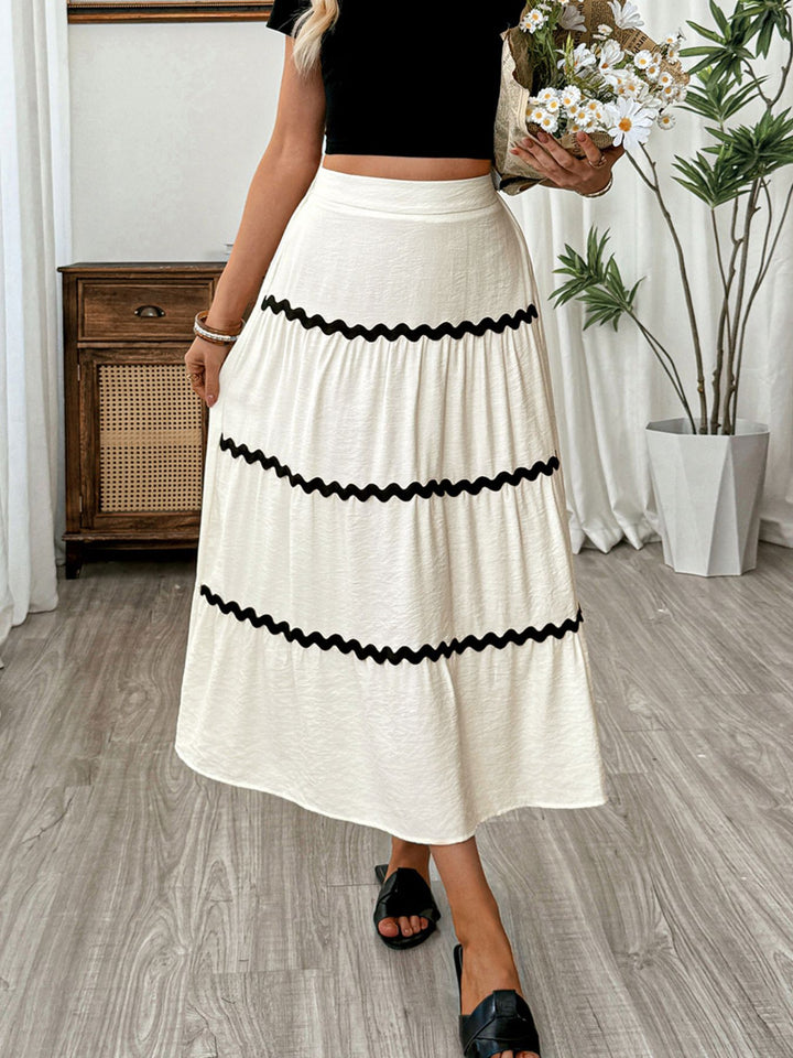 High-waist tiered midi skirt with ric-rac trim
