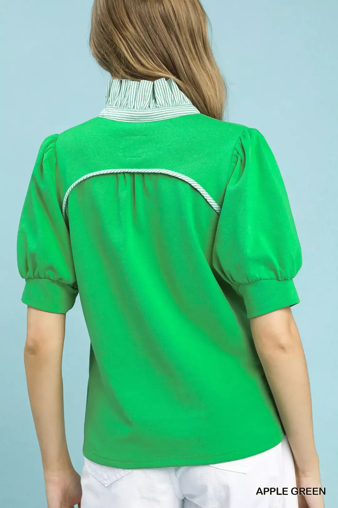 Contrast striped collar popover top with puff shoulders
