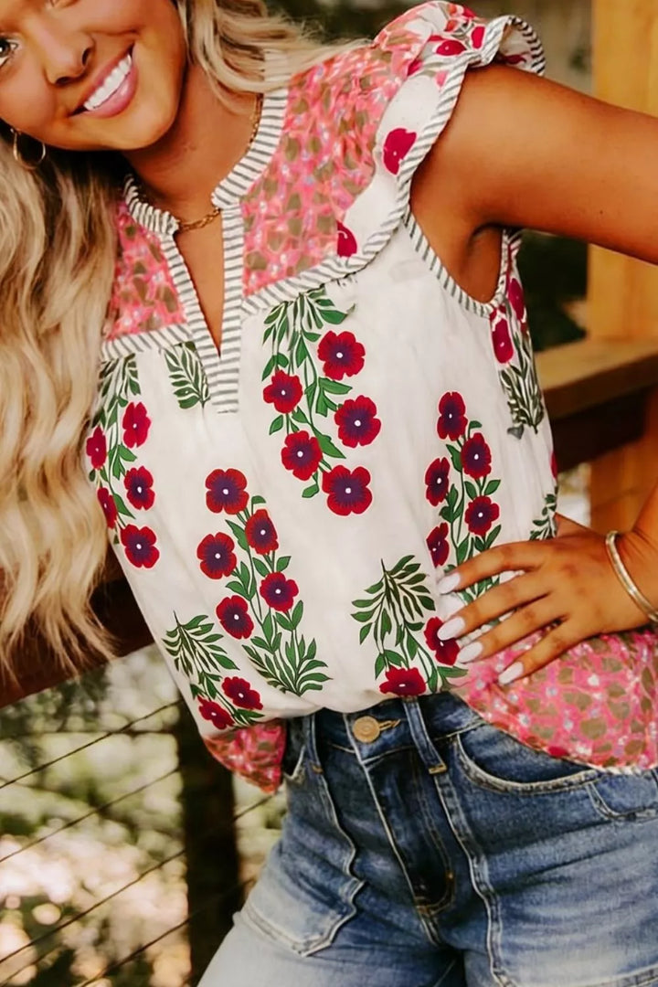 Floral print ruffle cap sleeve blouse with striped trim