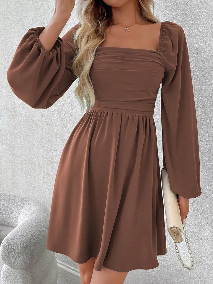 Dark Brown Ruched square-neck balloon sleeve A-line mini dress