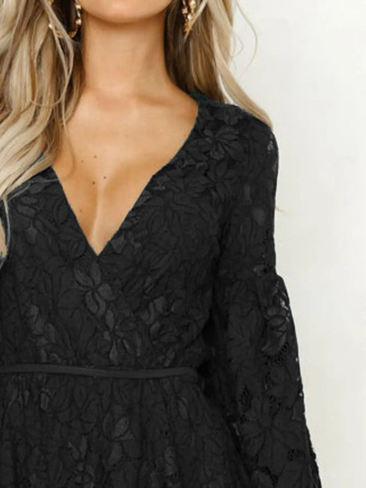 Floral lace V-neck long sleeve mini dress