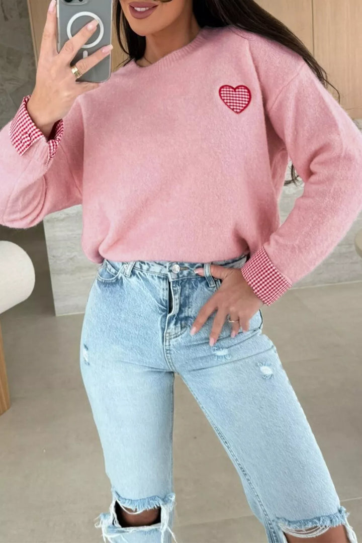 Gingham heart drop-shoulder crew neck sweater