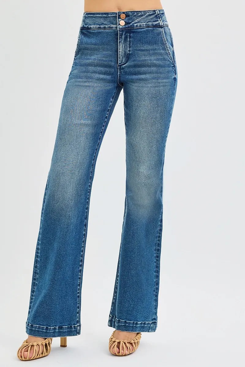High-rise tummy-control bootcut jeans with double-button waistband