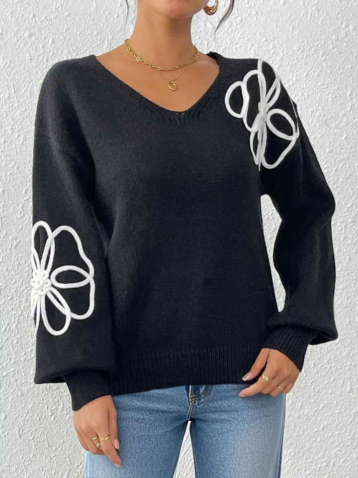 Floral applique V-neck drop shoulder knit sweater