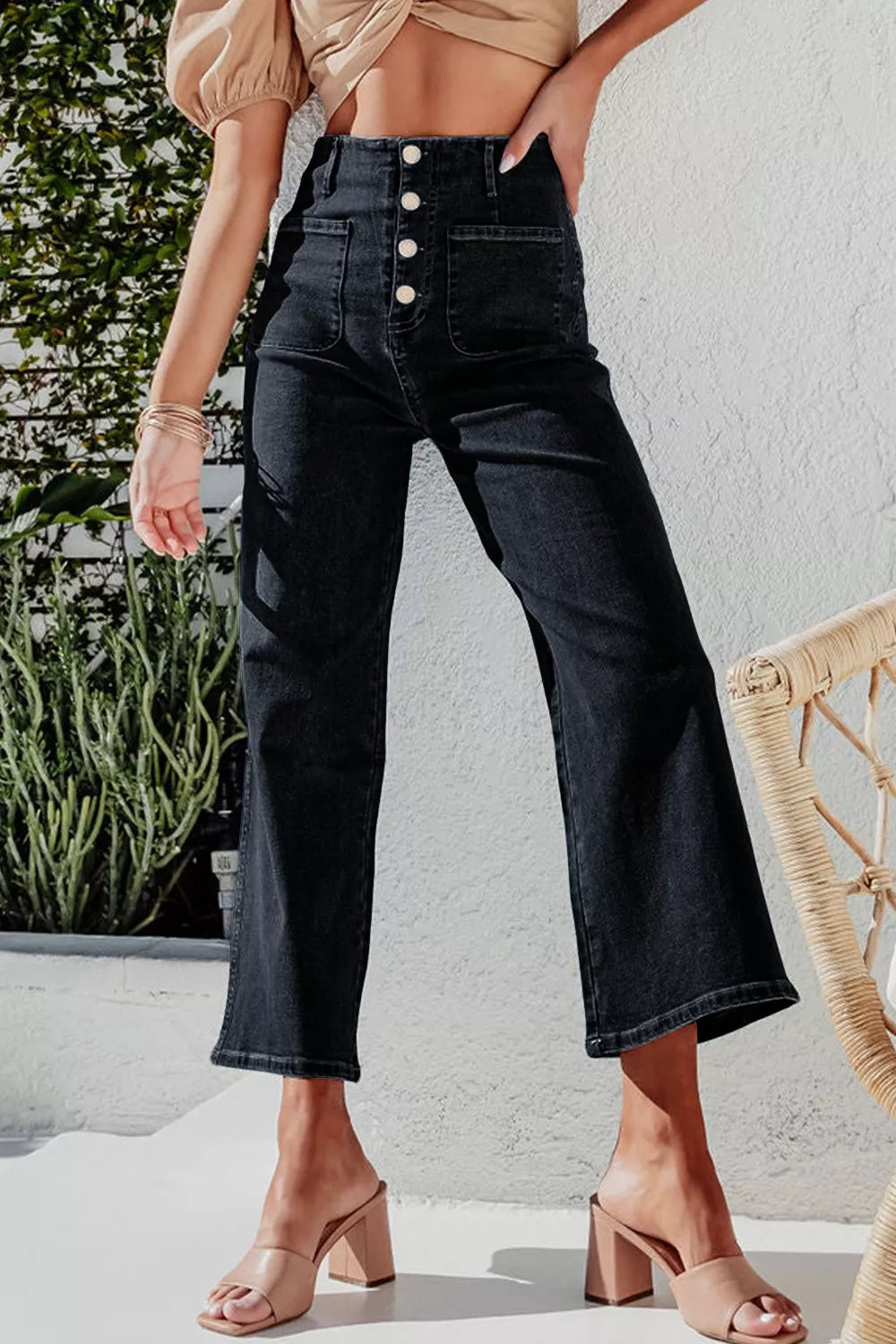High-rise button-fly wide-leg jeans with patch pockets