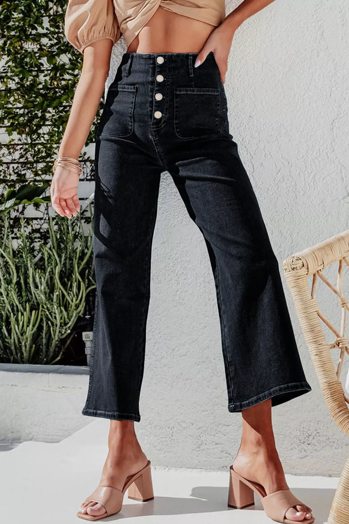 High-rise button-fly wide-leg jeans with patch pockets