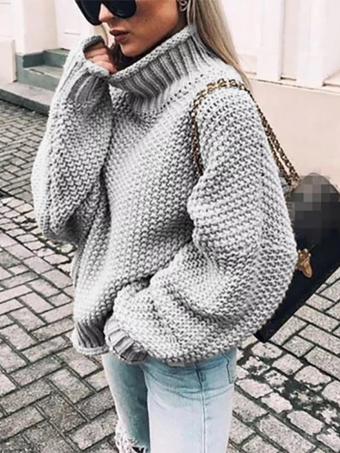 Grey Oversized chunky knit turtleneck sweater