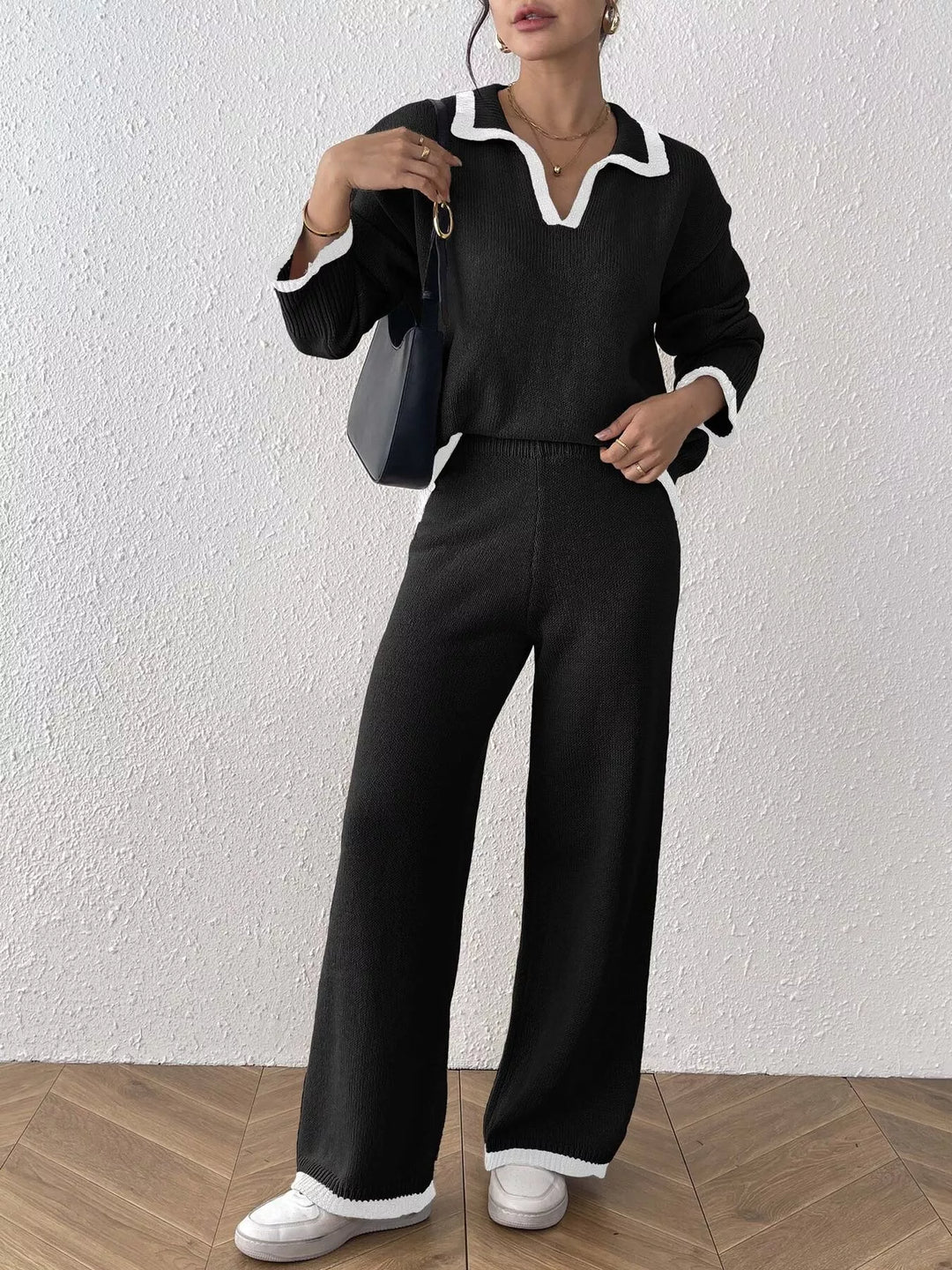 Contrast trim polo collar sweater and wide leg pants set