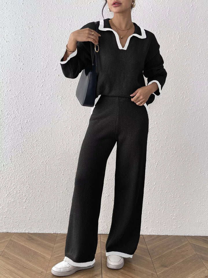 Contrast trim polo collar sweater and wide leg pants set