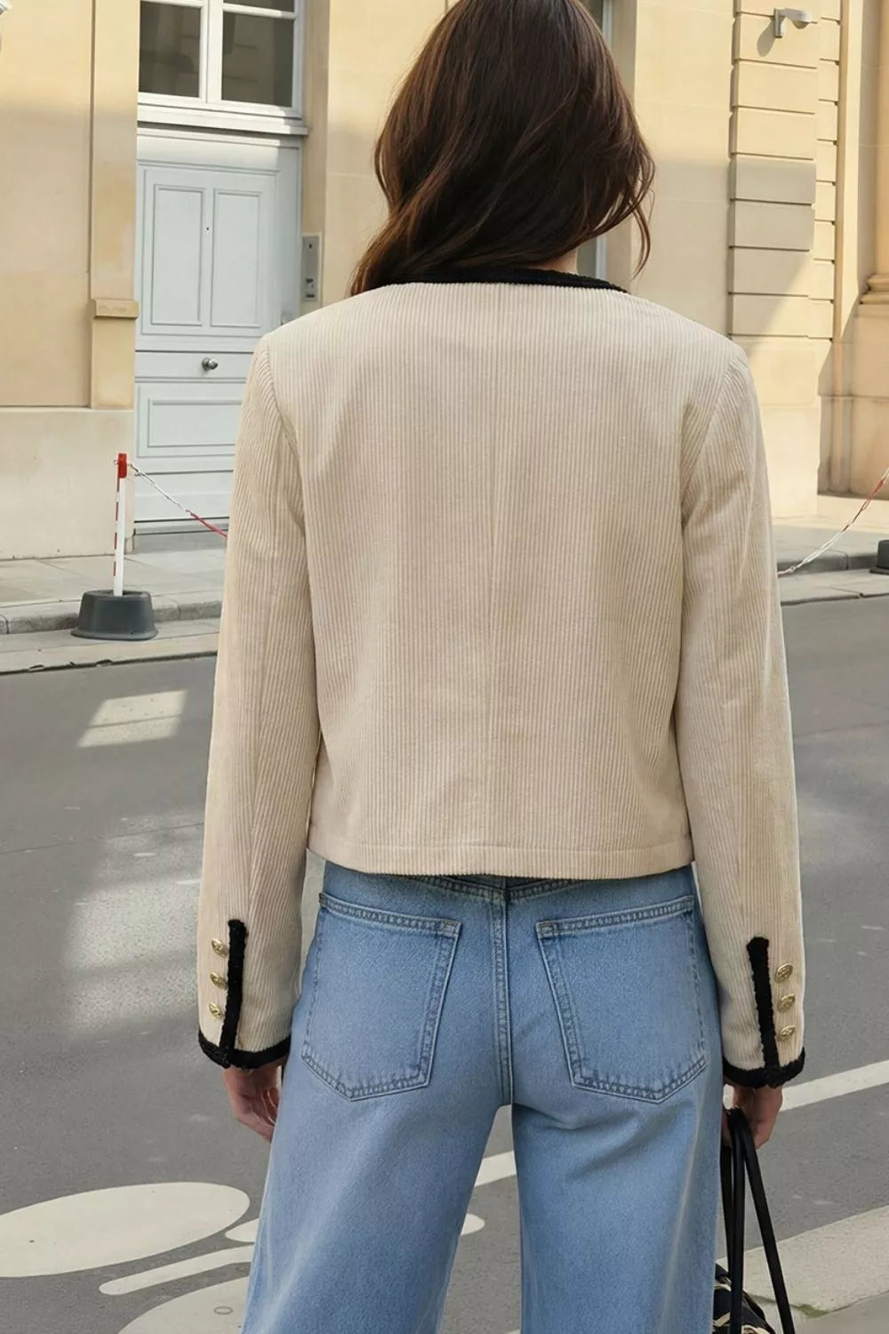 Contrast trim corduroy cropped jacket with gold buttons