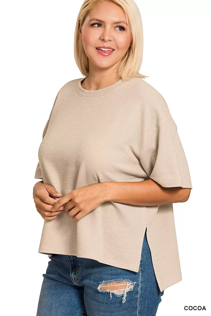Textured double knit crew neck top with side slits and hi-low hem