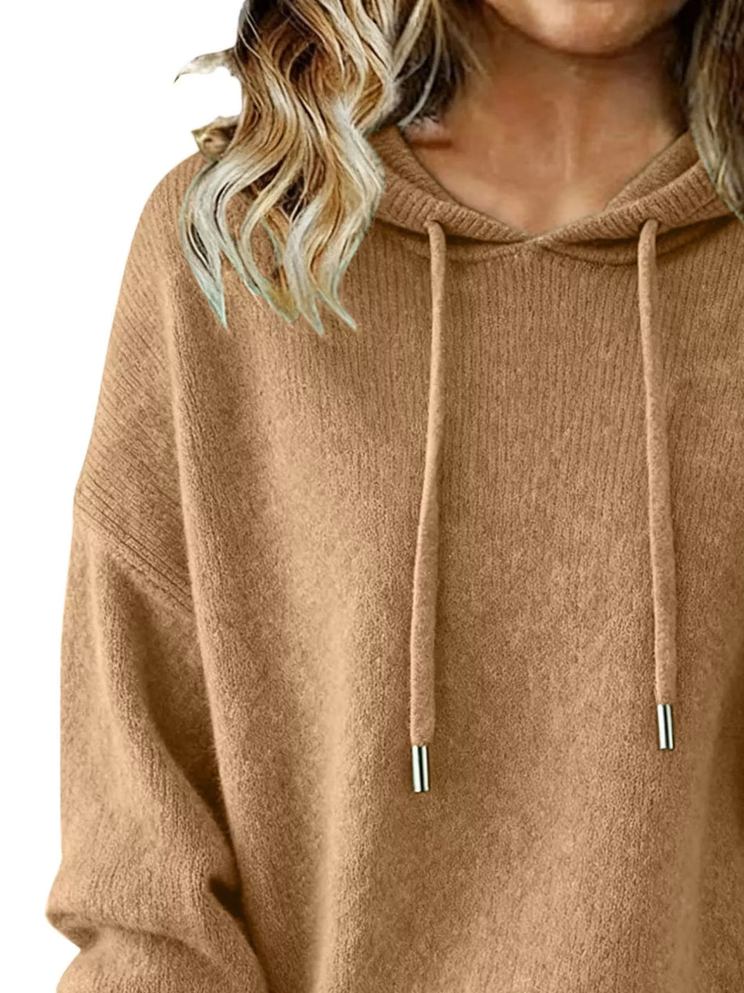 Drawstring hooded knit sweater with ribbed cuffs