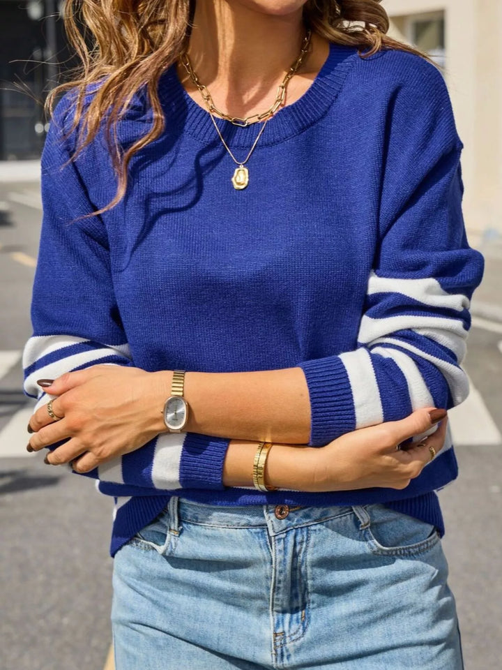 Striped ribbed knit crew neck pullover sweater