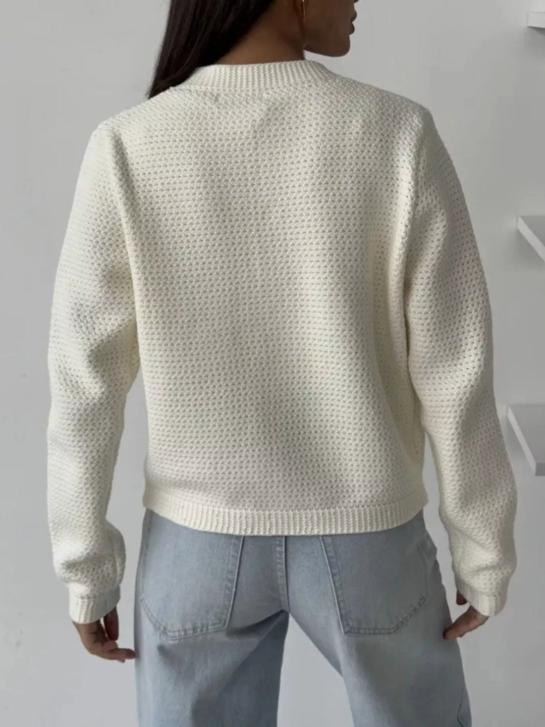 Textured waffle-knit button-up cardigan with gold buttons