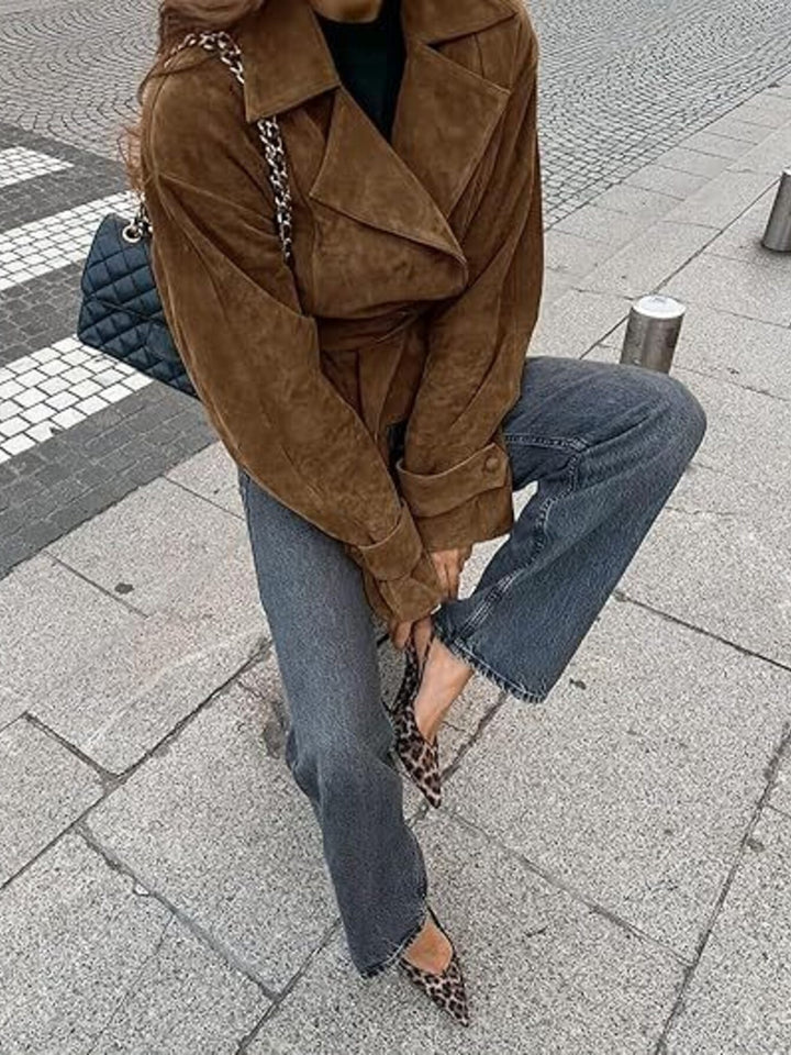 Faux suede tie-waist cropped jacket with lapel collar