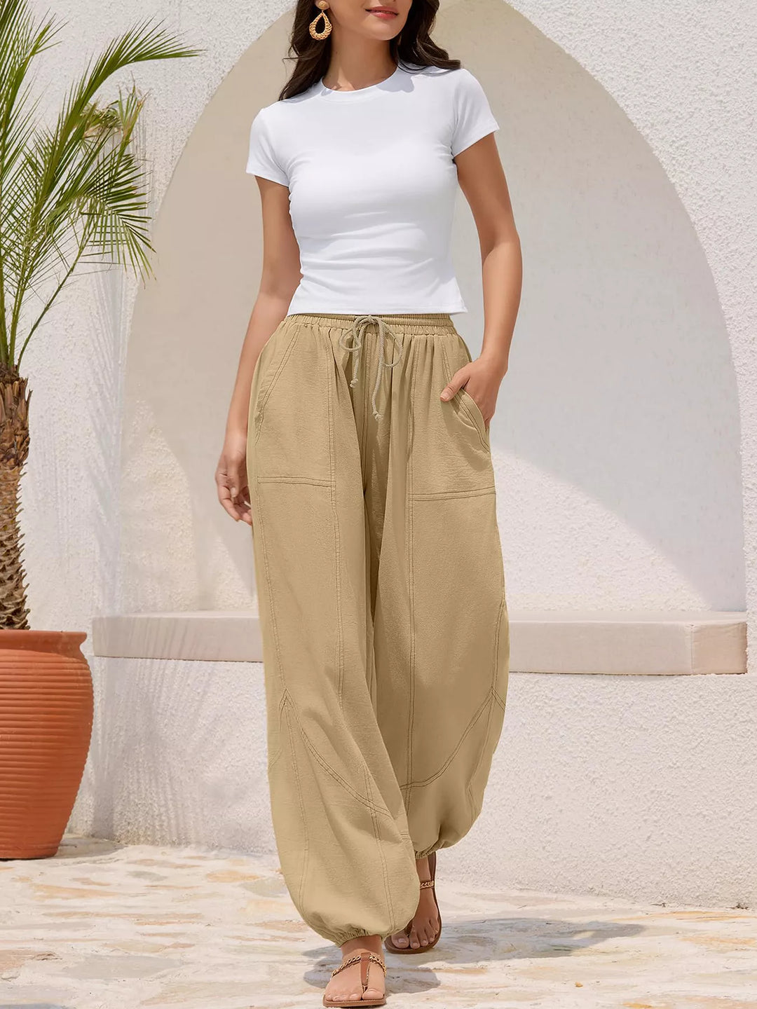 Drawstring waist wide-leg harem joggers with side pockets
