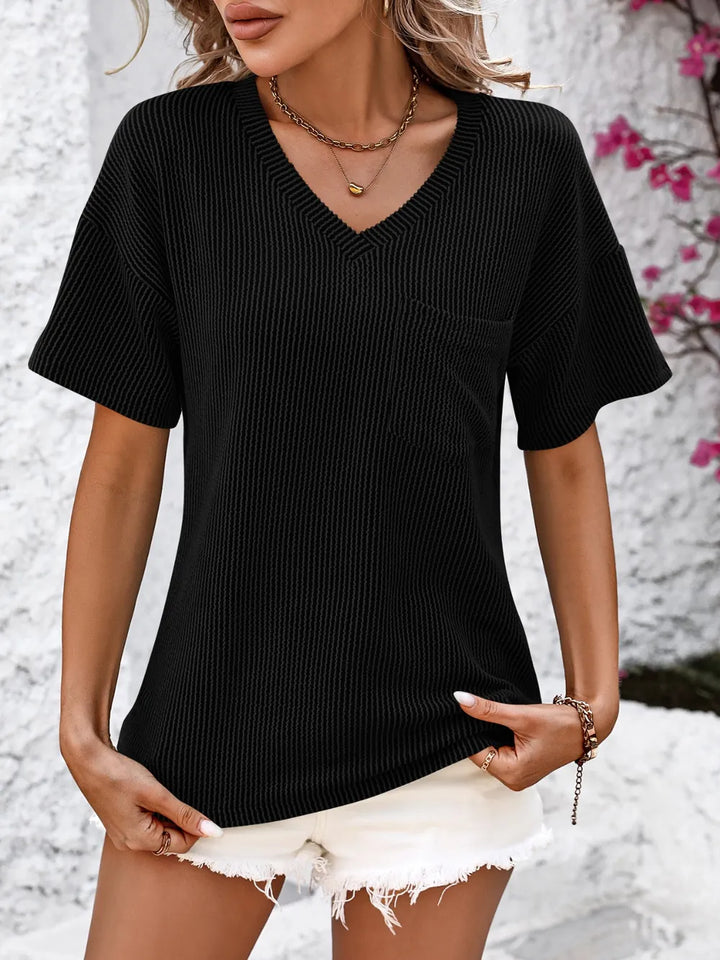 Ribbed V-neck dropped-shoulder tee with chest pocket