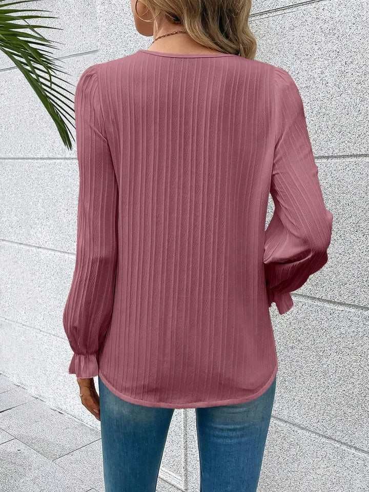 Lace-trim V-neck blouse with flounce sleeves