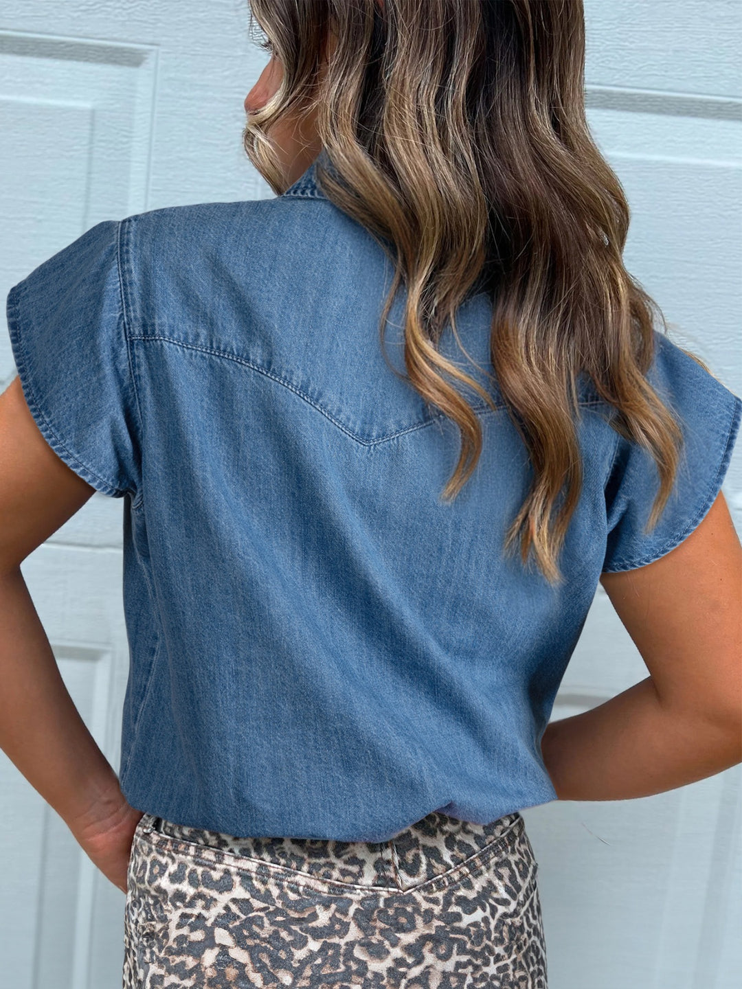 Ruffle sleeve denim button-down shirt with pearl snaps