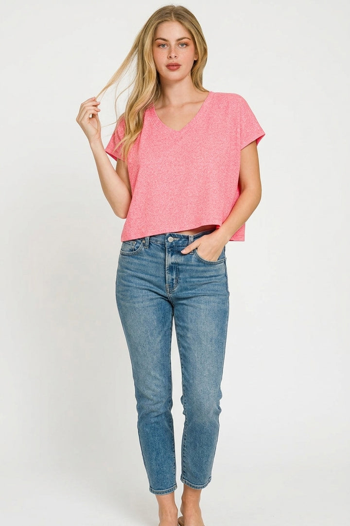 Melange V-neck drop-shoulder cropped tee