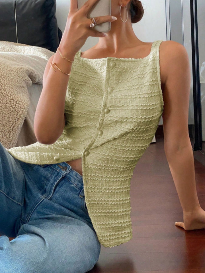 Textured button-front tank with square neck and split hem