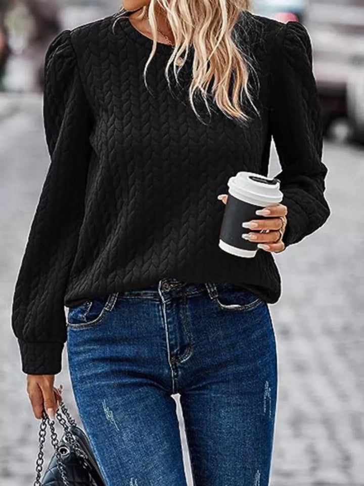 Textured cable-knit puff sleeve pullover top