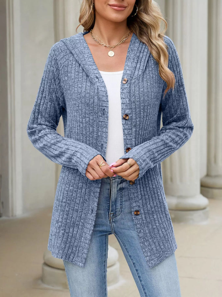 Ribbed knit hooded cardigan with tortoise buttons