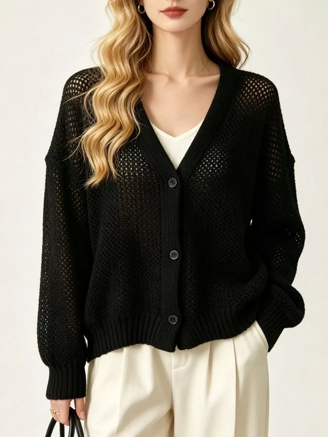 Black Open-knit V-neck button-front cardigan with ribbed trim