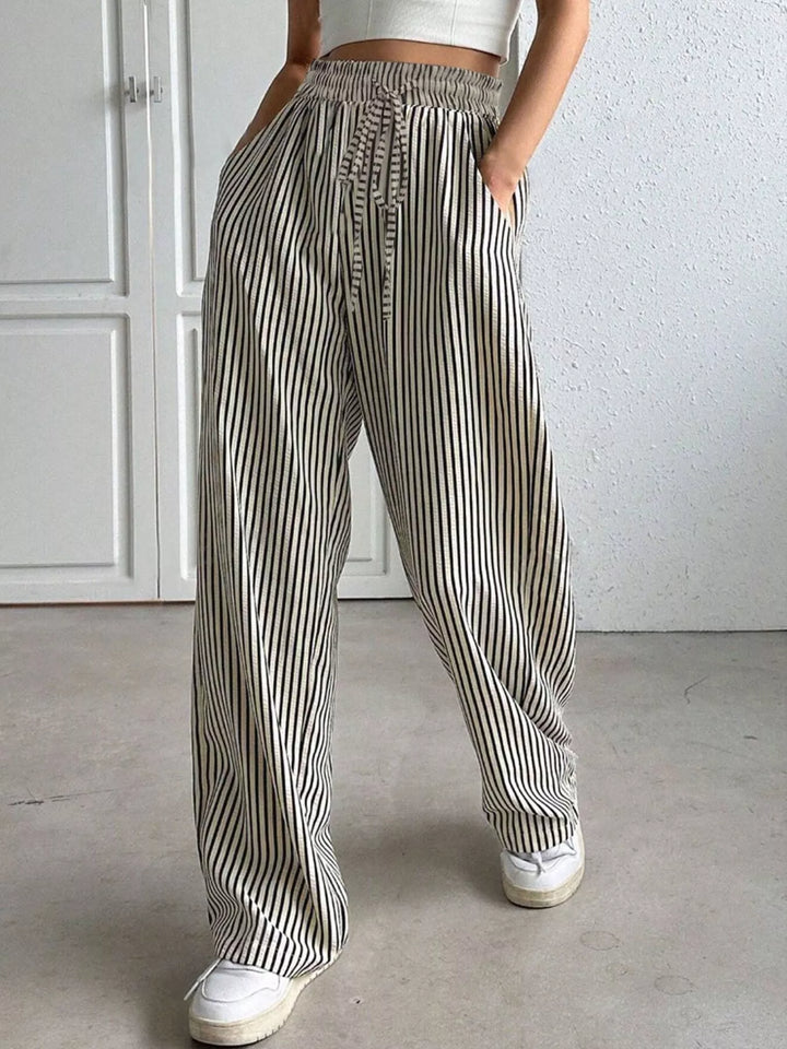 Striped wide-leg drawstring pants with side pockets