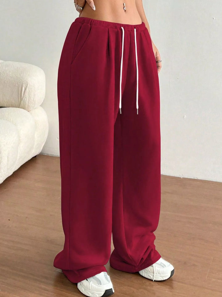 Burgundy High-waist wide-leg drawstring sweatpants