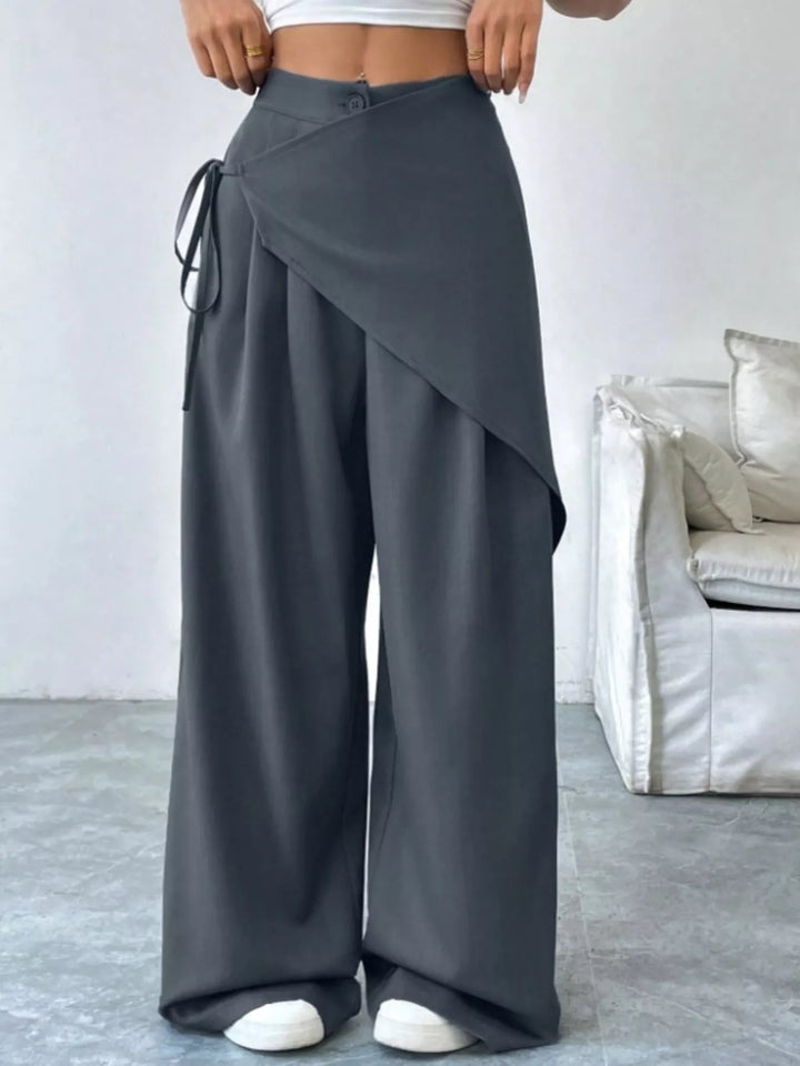 High-rise wrap-front wide-leg pants with drawstring tie