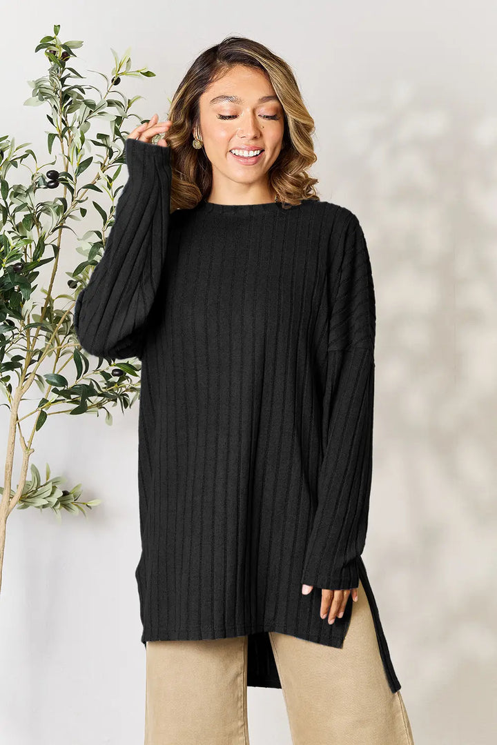 Ribbed knit long sleeve tunic top with side slits