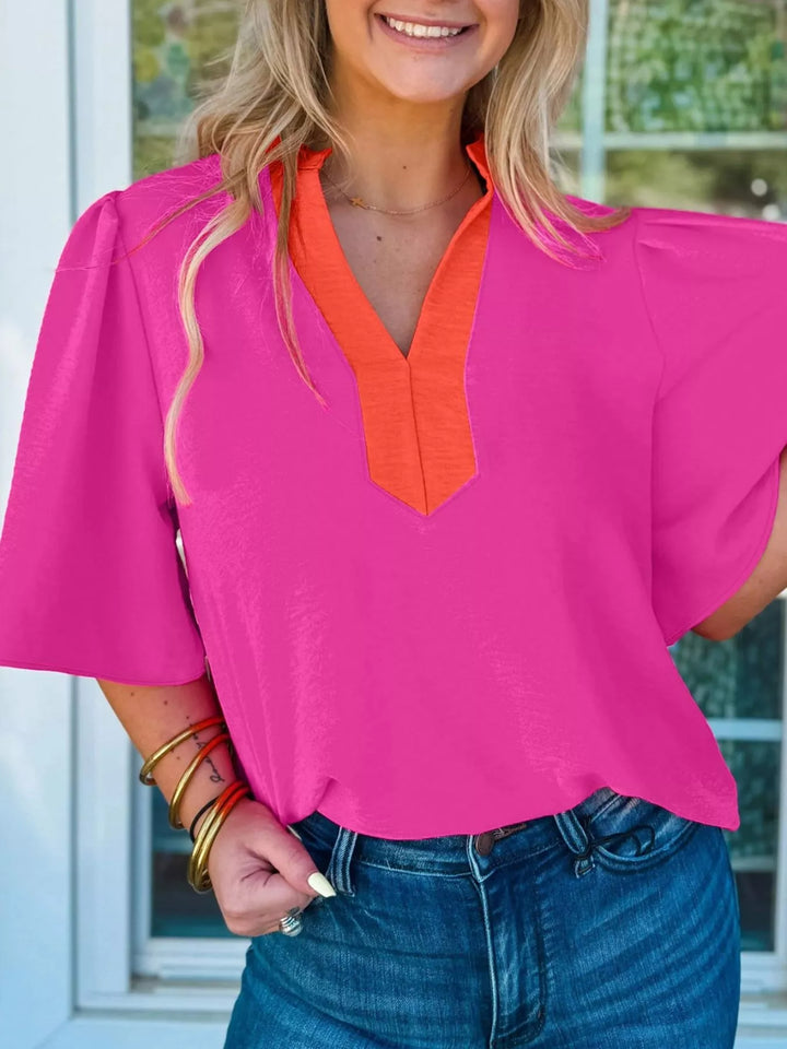 Notched contrast V-neck half sleeve blouse