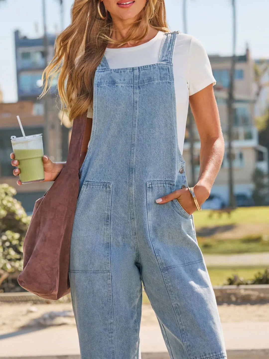 Wide-leg denim overalls with patch pockets