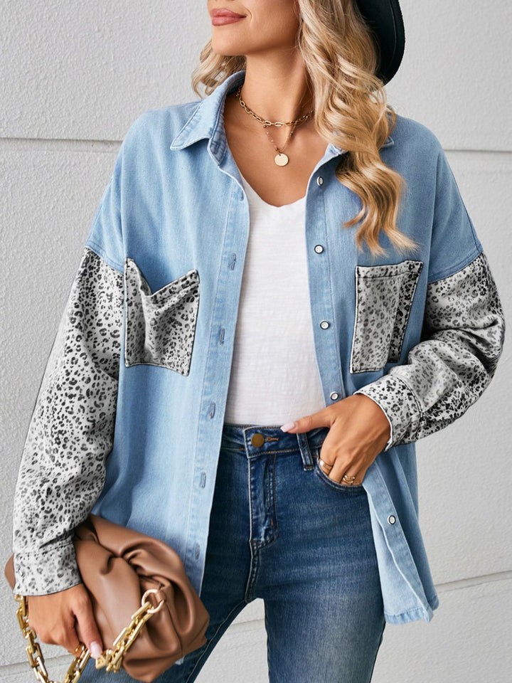 Leopard patchwork button-up denim shirt