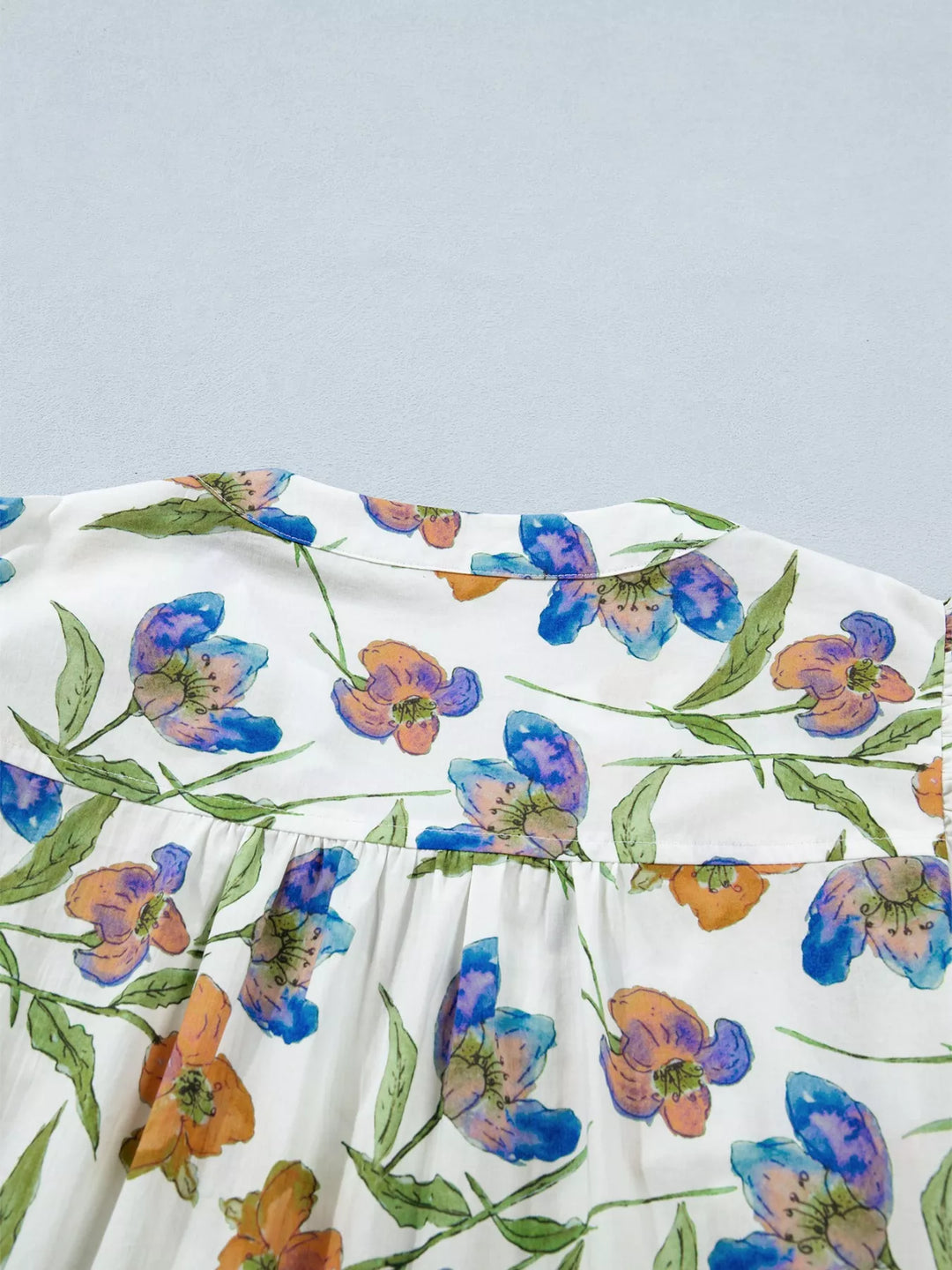 Watercolor floral ruffle-sleeve V-neck cotton blouse