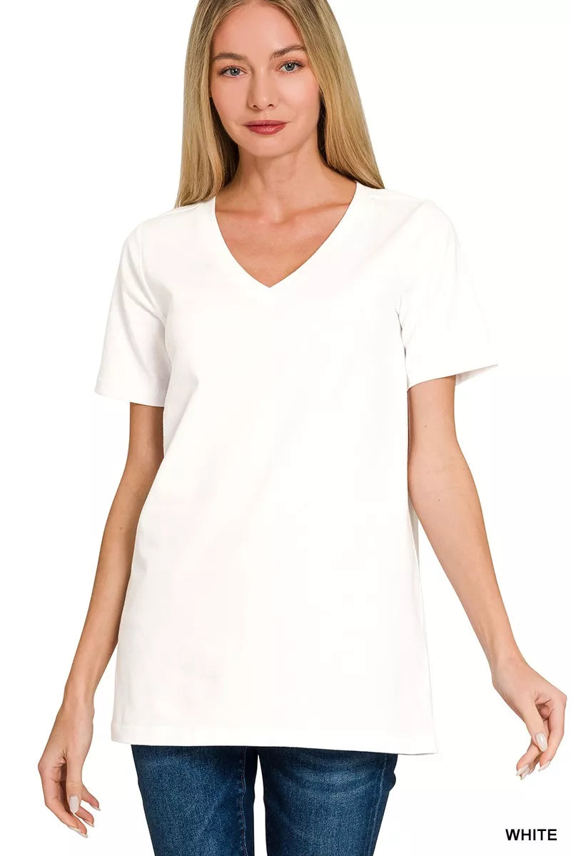 WHITE Relaxed V-neck short sleeve cotton T-shirt
