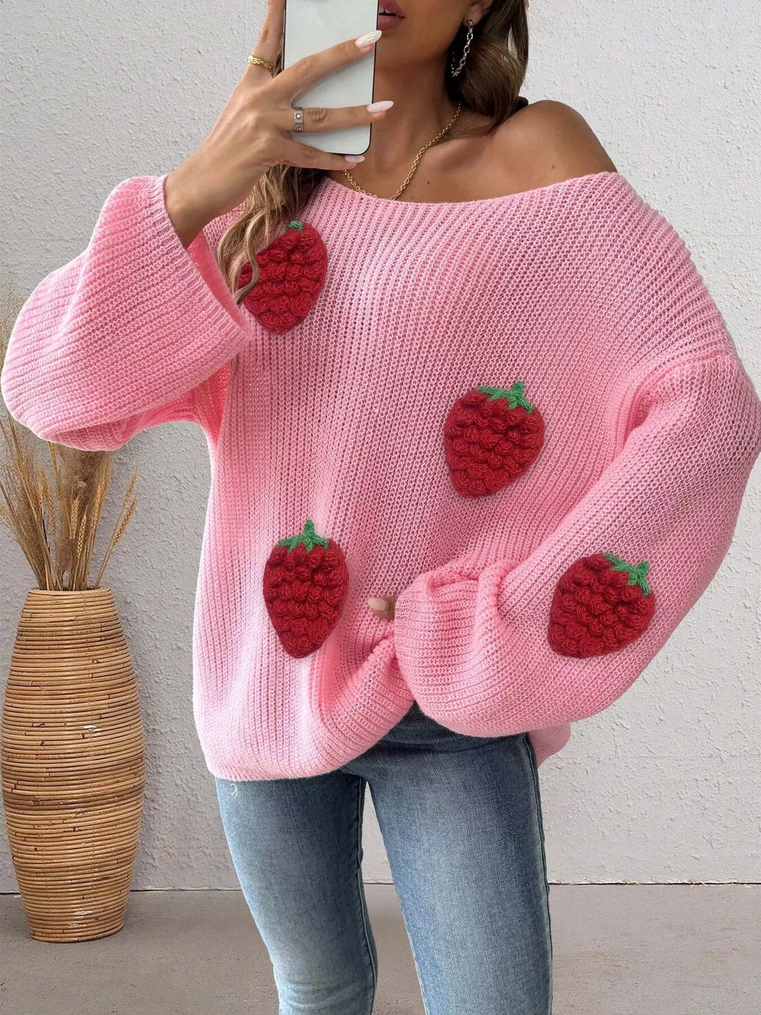 Strawberry applique ribbed knit oversized pullover sweater
