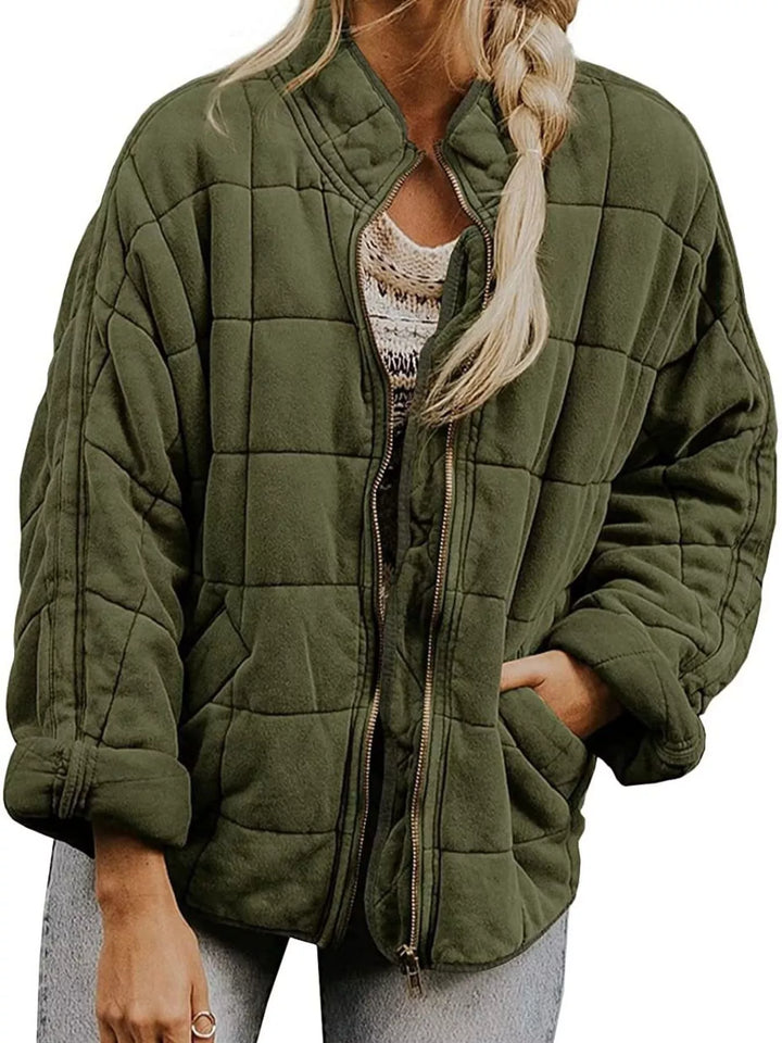 Army Green Box-quilted zip-up jacket with stand collar and side pockets