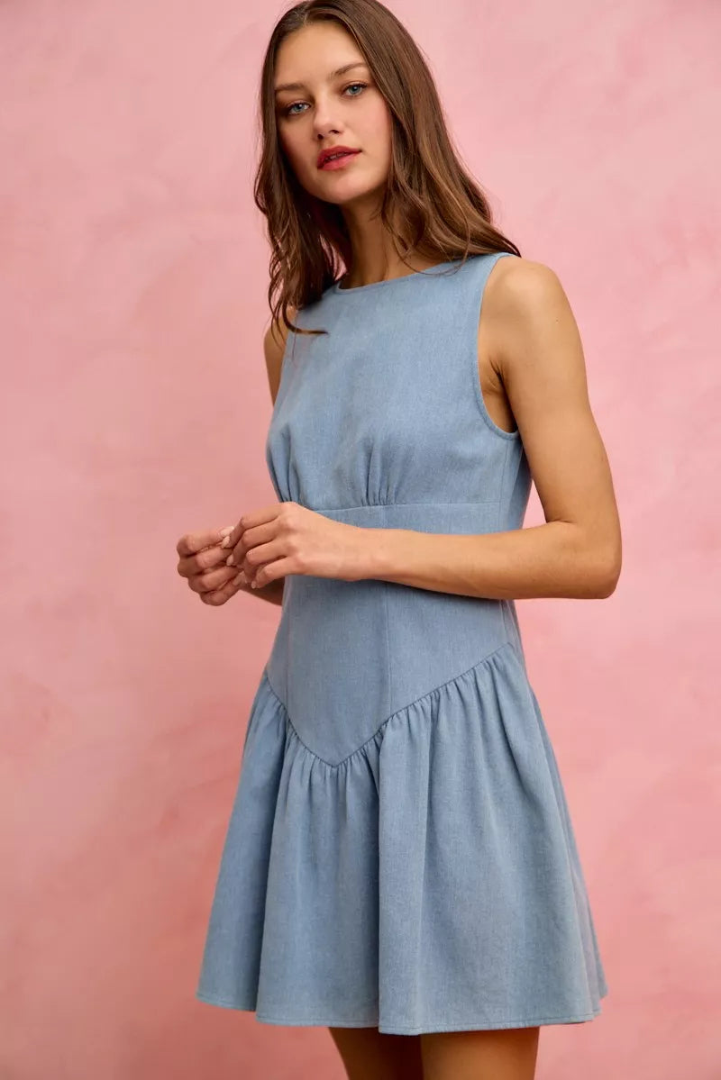 Sleeveless boat neck denim mini dress with flounce hem