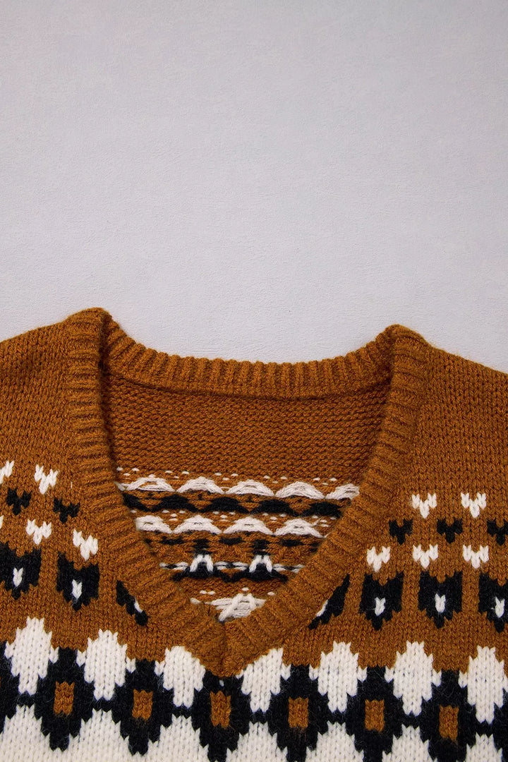 Geometric fair isle short sleeve V-neck sweater