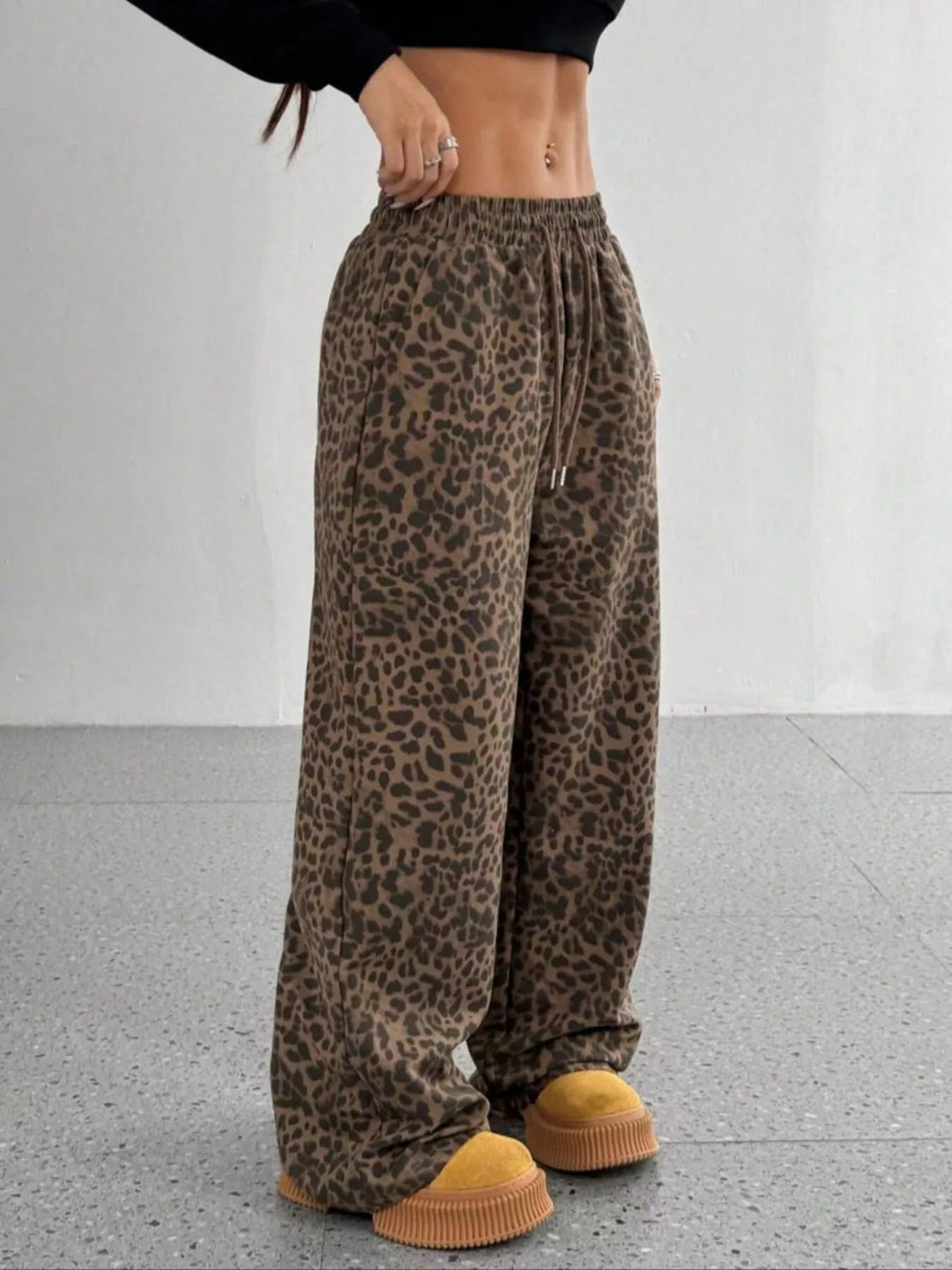 Leopard print wide-leg pants with drawstring waist