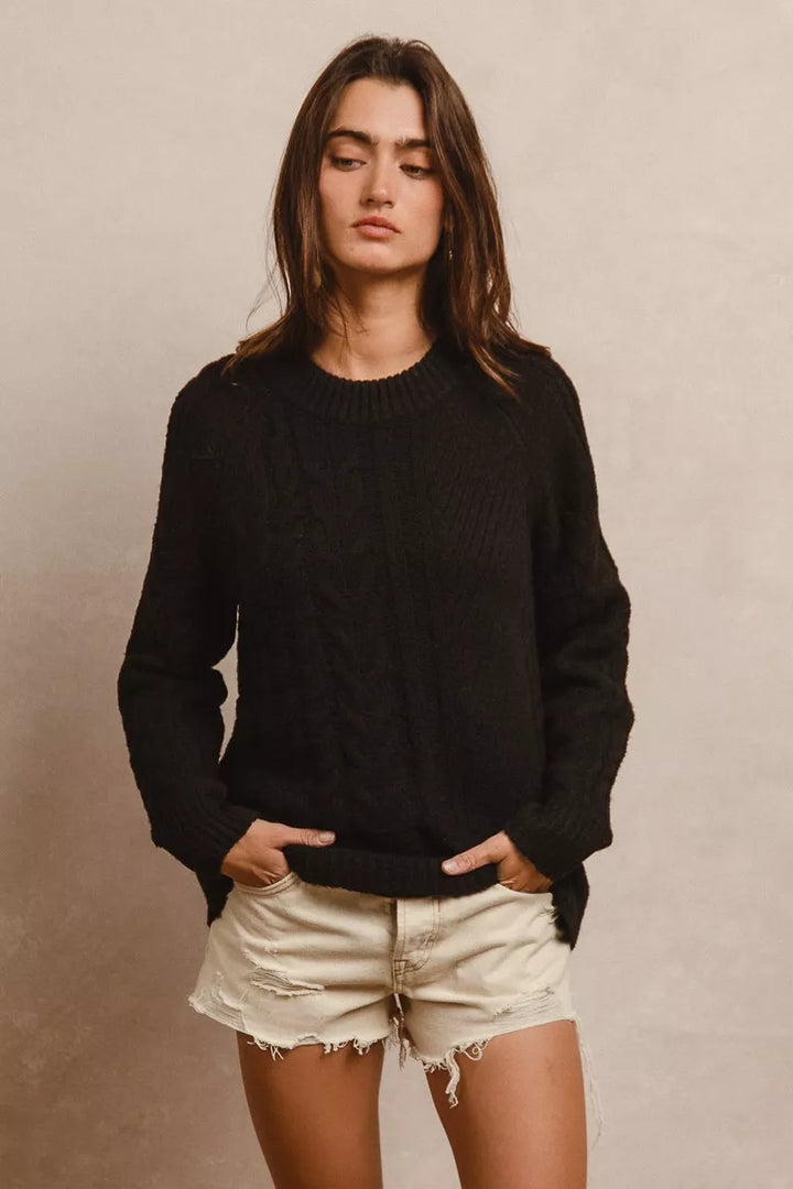 BLACK Cable-knit crew neck sweater with ribbed cuffs